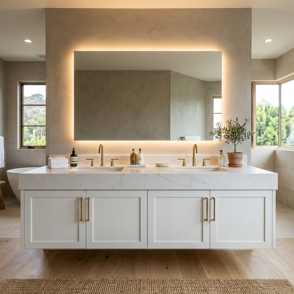 Custom double vanity bathroom remodel Los Angeles — floating cabinetry quartz countertop