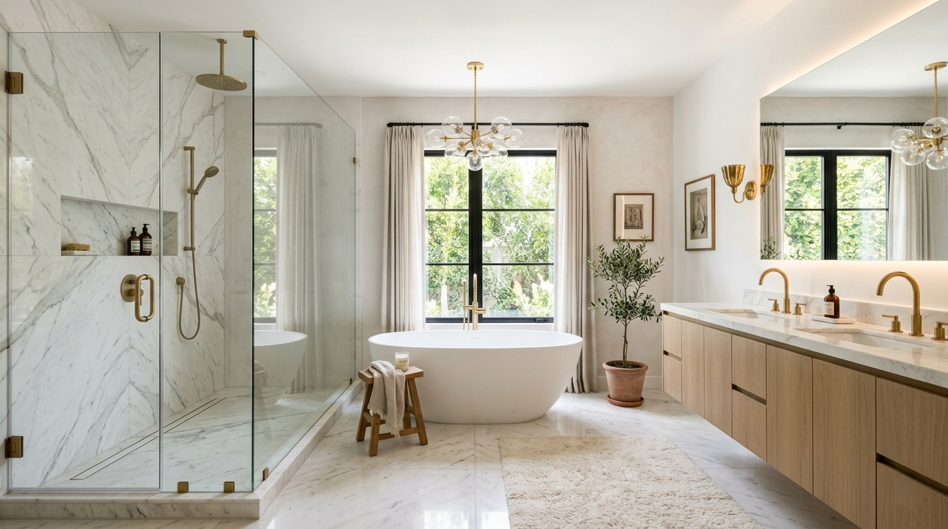 Luxury spa bathroom remodel Los Angeles — soaking tub and walk-in shower by 4 Seasons