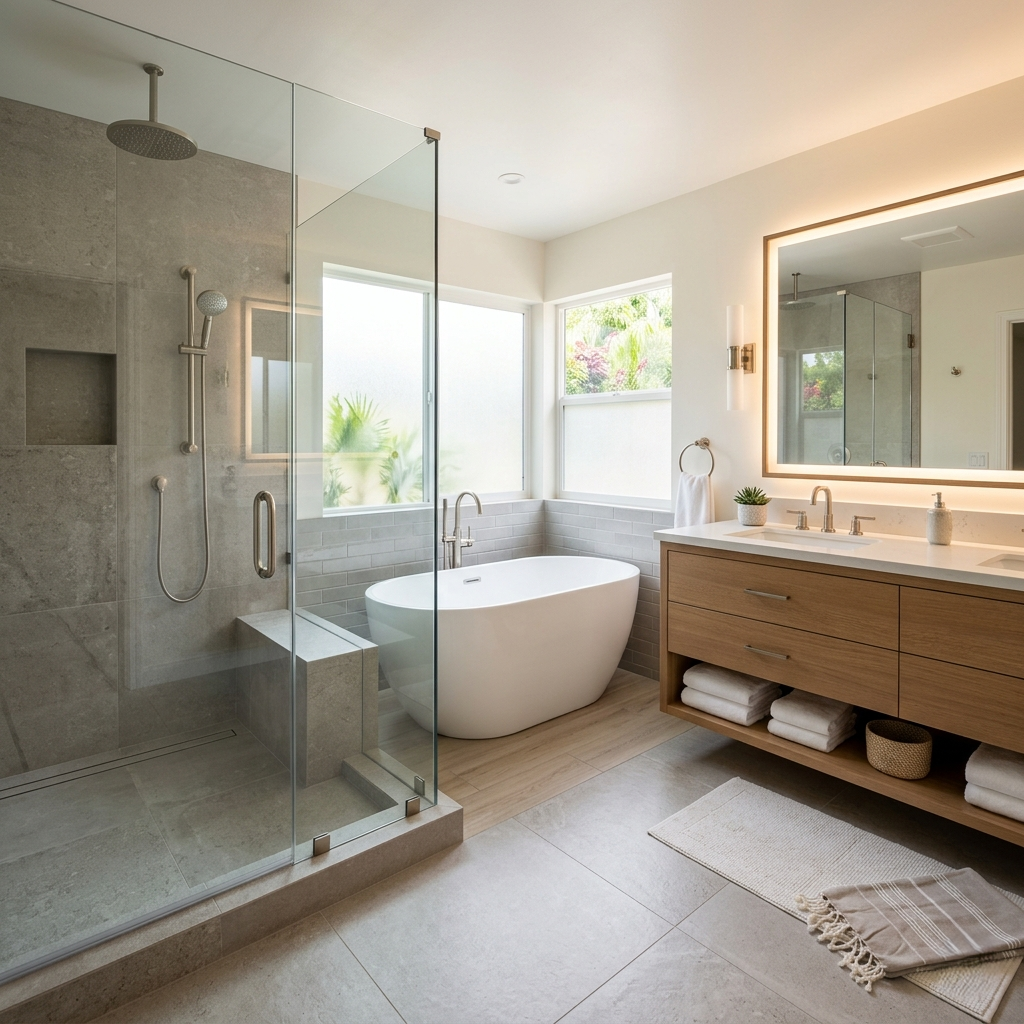 Luxury bathroom tile installation Los Angeles — custom pattern tile by 4 Seasons