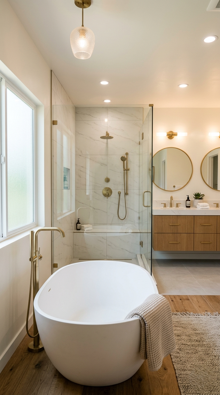 Luxury spa bathroom remodel Los Angeles — soaking tub and walk-in shower by 4 Seasons Remodeling