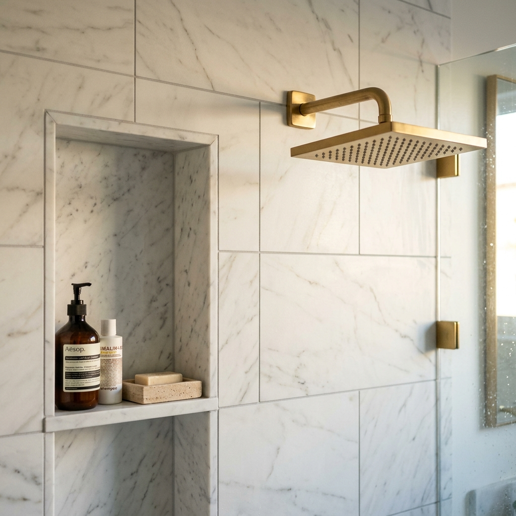 Custom bathroom remodel detail Los Angeles — tile and fixtures by 4 Seasons