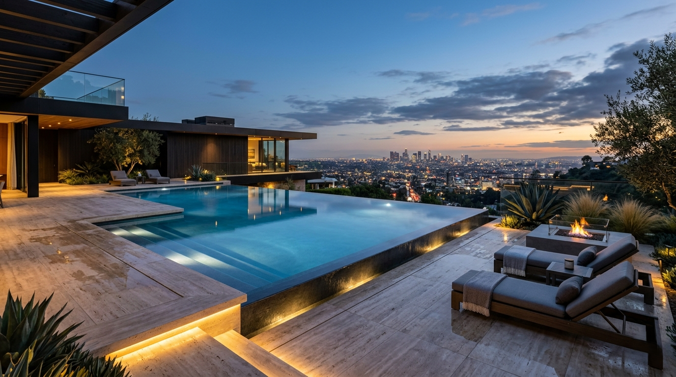 Infinity edge pool Los Angeles hillside — vanishing edge pool with city view by 4 Seasons Remodeling