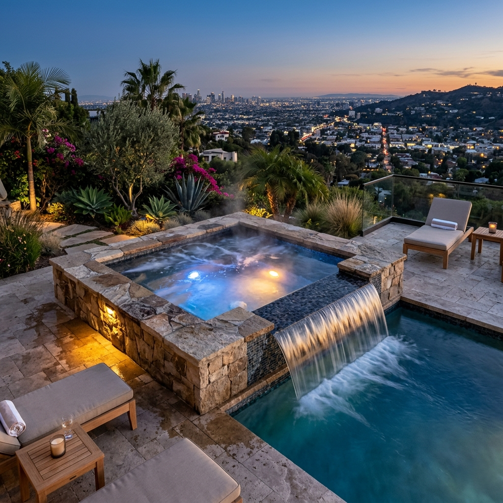 Custom outdoor spa construction Los Angeles — elevated spa with spillover waterfall