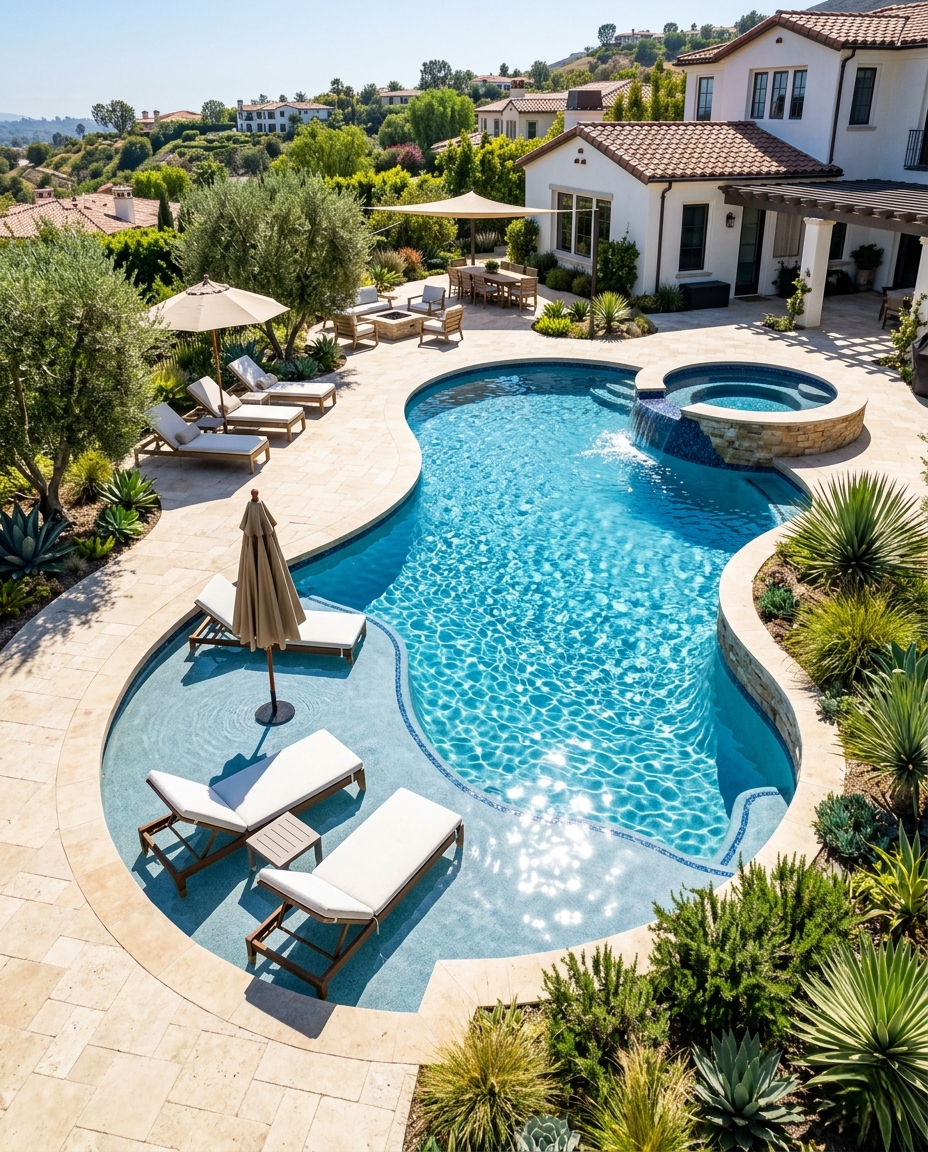 Custom pool design Los Angeles aerial view — freeform pool with spa and water features by 4 Seasons Remodeling