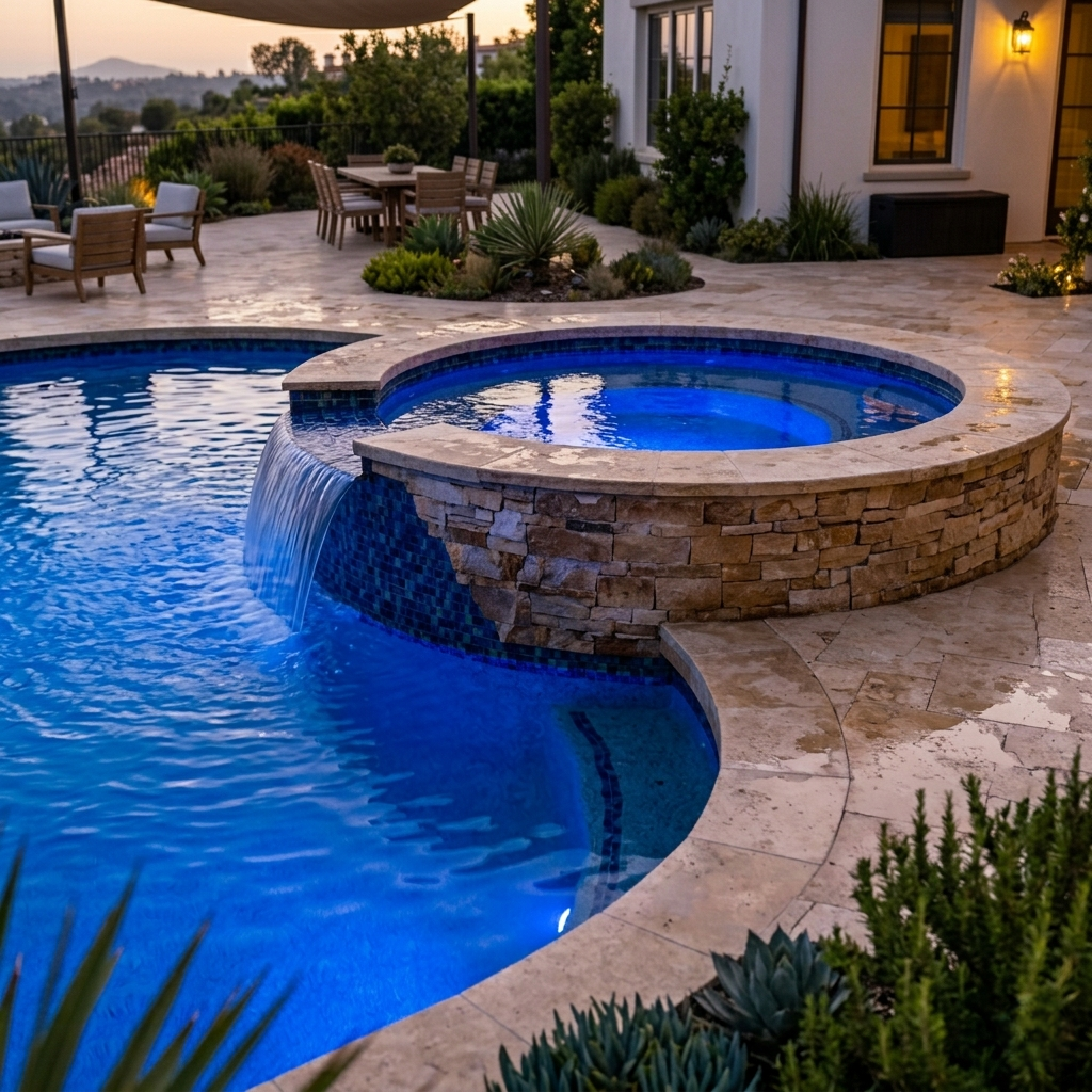 Outdoor spa with spillover waterfall Los Angeles by 4 Seasons Remodeling