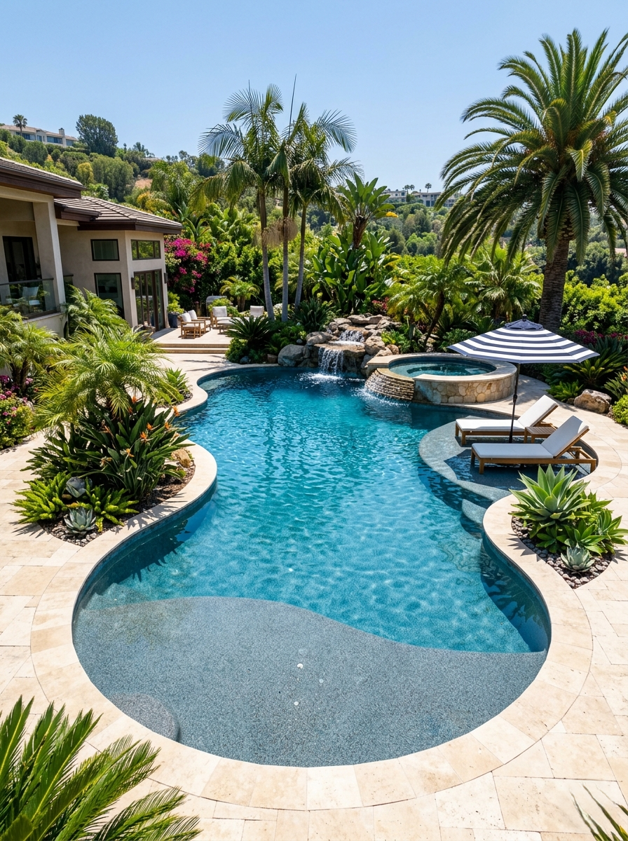 Resort freeform pool construction Los Angeles — custom shape pool with spa by 4 Seasons