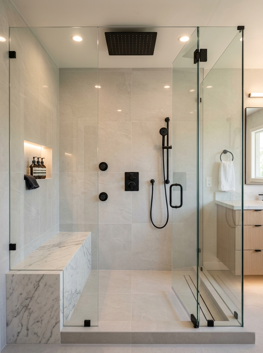 Custom walk-in shower remodel Los Angeles — frameless glass large format tile