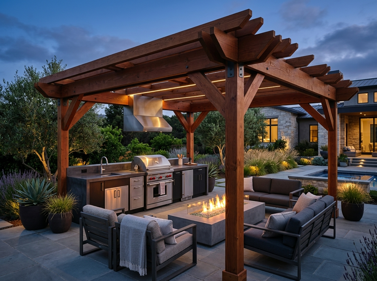 Cedar wood pergola structure with fully integrated outdoor kitchen installation