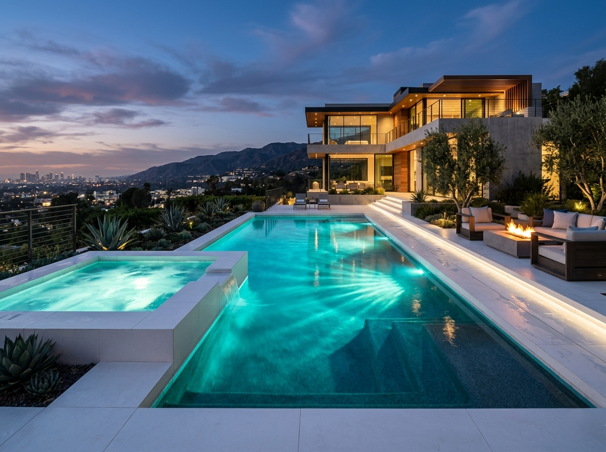 Luxury geometric infinity pool and integrated spa construction